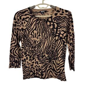 Animal Print Sweater Silk Cashmere lightweight 3/4 sleeve DKNY quiet luxury Lg